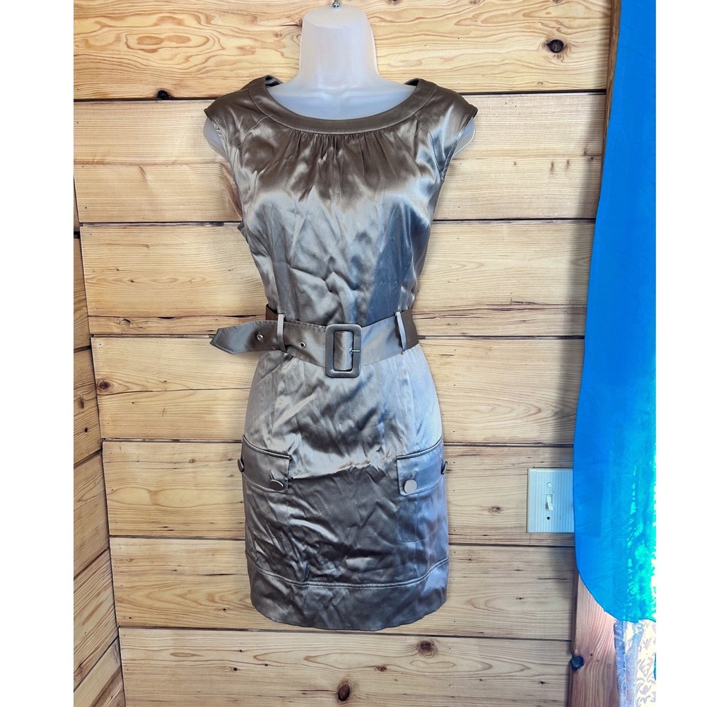Marciano Silk Blend Belted Sheath Dress Taupe Champagne Mini Size 10 - Picture 5 of 11
